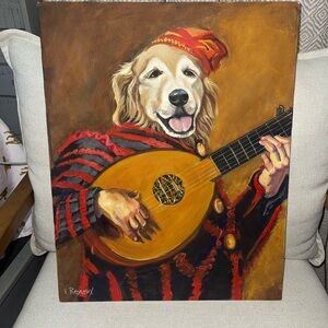 Authentic Valerie Renoux French Paintin of Golden Retriever with Lute Canvas Art